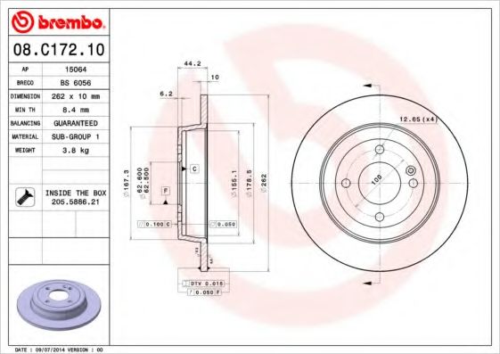 BREMBO - 08.C172.10 - Тормозной диск (Тормозная система)