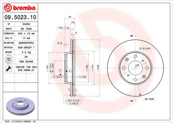 BREMBO - 09.5023.10 - Тормозной диск (Тормозная система)