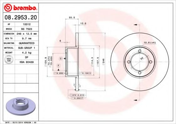 BREMBO - 08.2953.20 - Тормозной диск (Тормозная система)