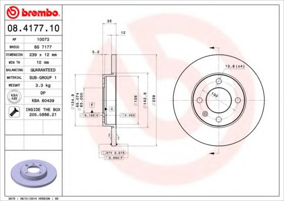 BREMBO - 08.4177.10 - Тормозной диск (Тормозная система)
