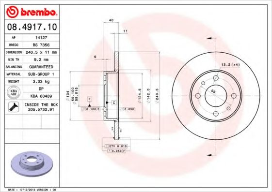 BREMBO - 08.4917.10 - Тормозной диск (Тормозная система)