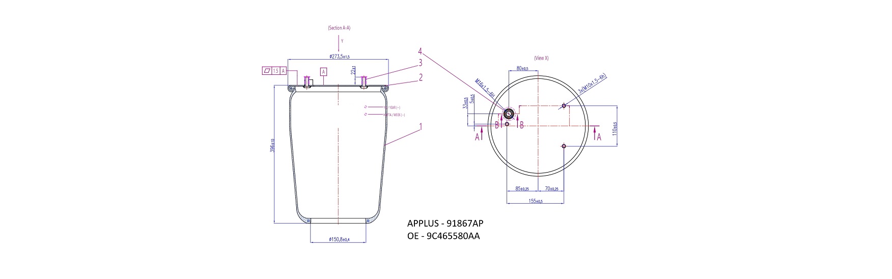 APLUS - 91867AP - Пневморесора 1850NP01 FORD CARGO (без стакана)