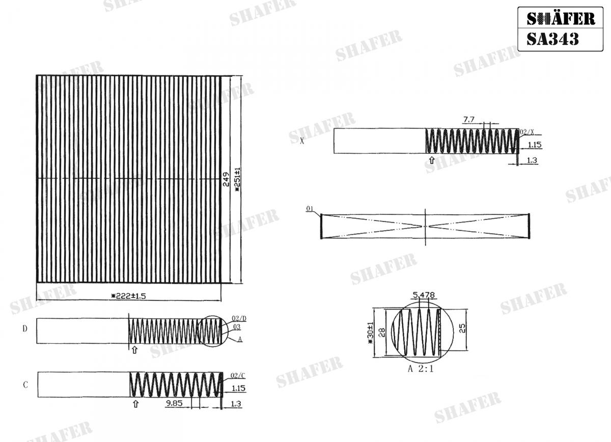 SHAFER - SA343 - Фiльтр салону Huyndai Santa Fe 05-/Sonata 07- /Kia Magentis 07-/Optima 05- (250x221x30)