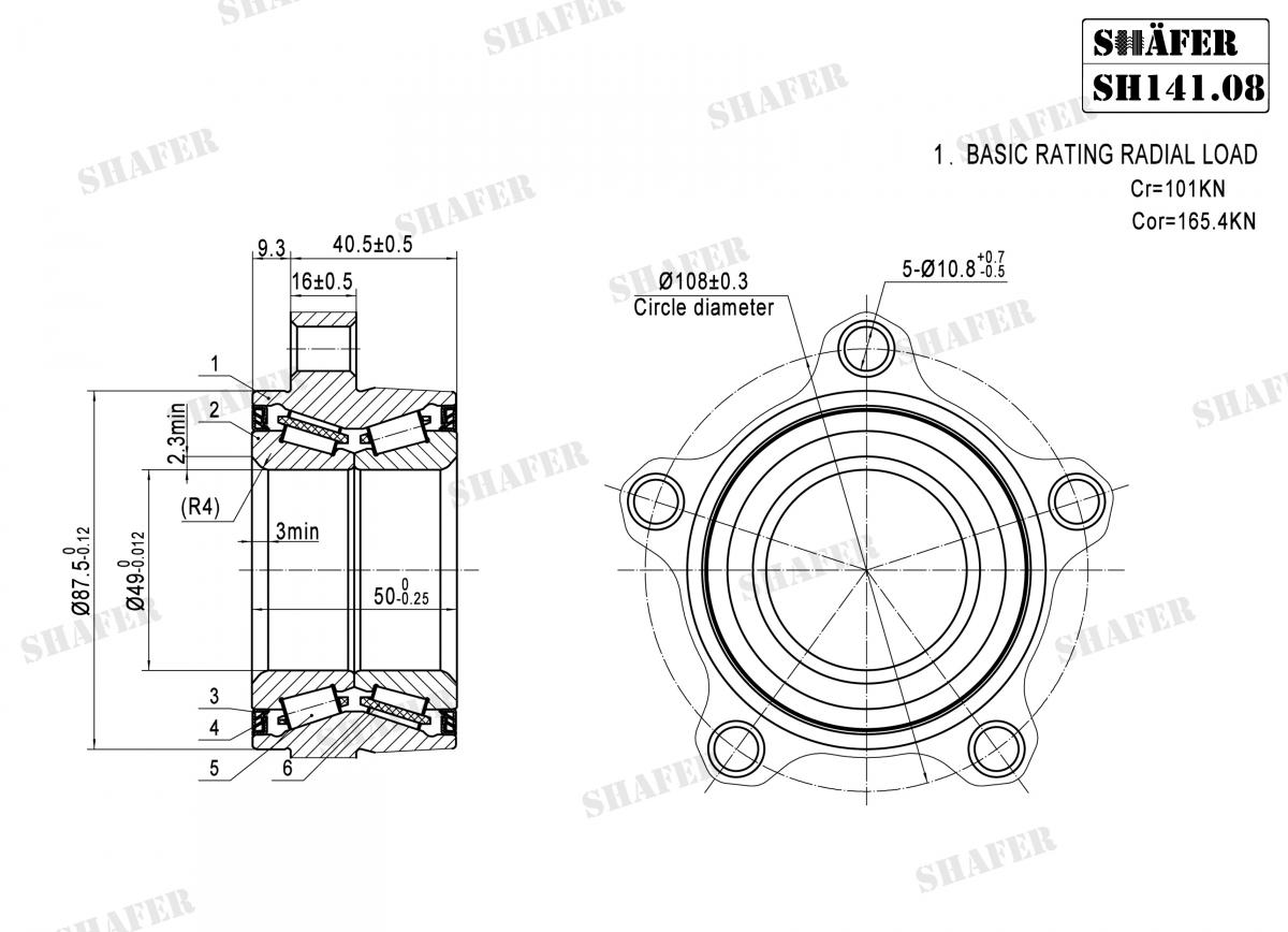 SHAFER - SH141.08 - К-кт підшипника ступиці перед. (перед. вісь > 1850kg) Ford Transit, Transit Tourneo 2.2D-3.2D 04.06-