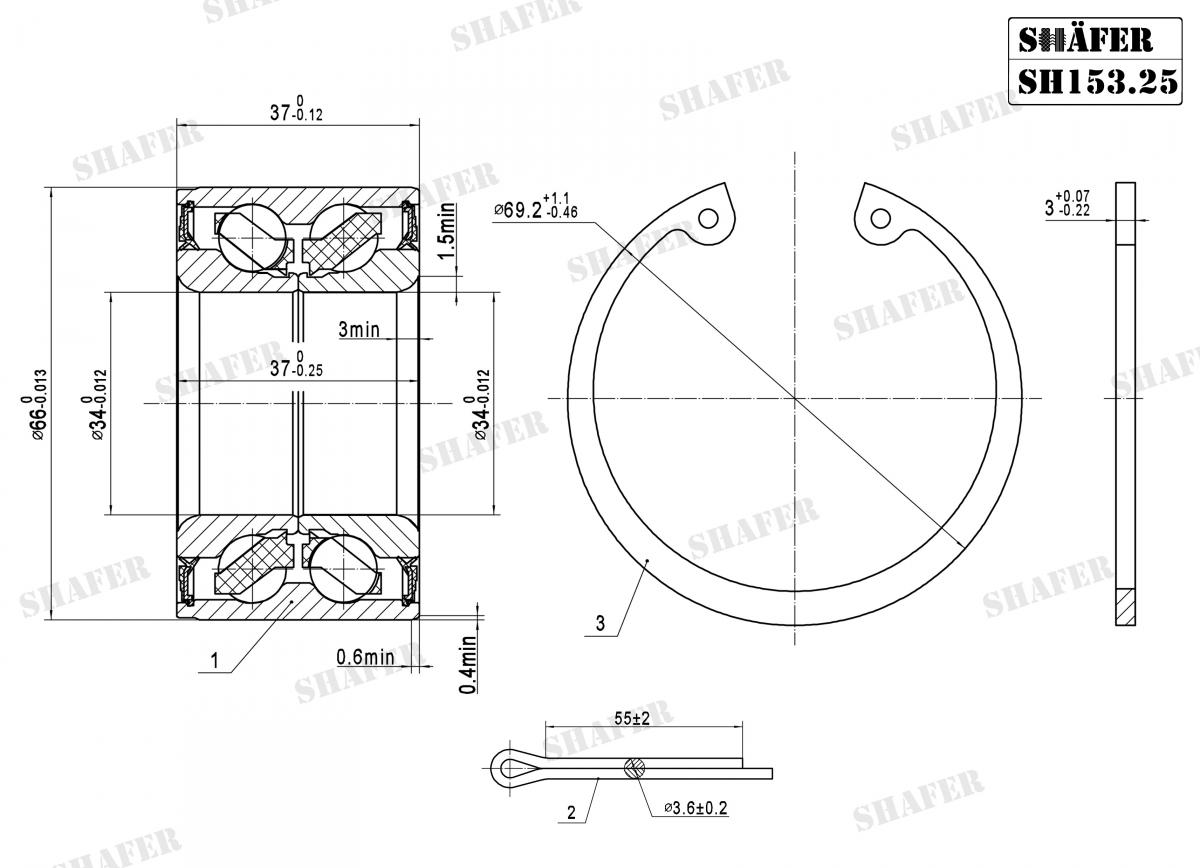 SHAFER - SH153.25K - Підшипник перед. +монтажний к-кт Opel Vectra B,Astra 1.4-1.6 84-01