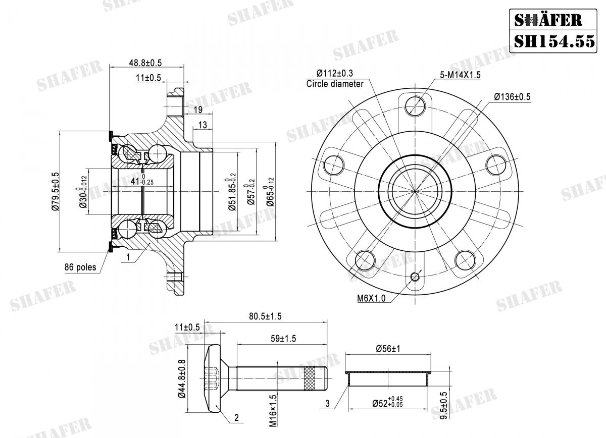 SHAFER - SH154.55K - Ступиця зад. ABS+ Audi A3; Skoda Octavia III; VW Golf Plus, Golf Sportsvan, Golf V, Golf VI, Golf VII, Jetta IV 1.0-Electric 05.03-