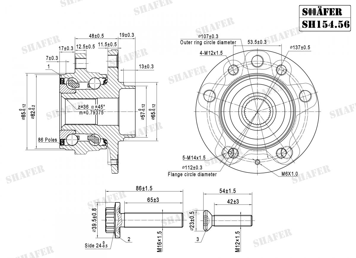 SHAFER - SH154.56K - Пiдшипник ступицi +монтажний к-кт Seat Altea VW Caddy III, Golf V, Touran Audi A3 1,6-2,0TDI, A3 quattro 03-04