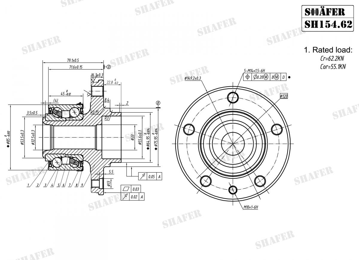 SHAFER - SH154.62 - Пiдшипник ступицi пер./зад. VW Touareg 2.5 R5 Tdi 03-10/ T5 1.9Tdi-3.2 V6 03-