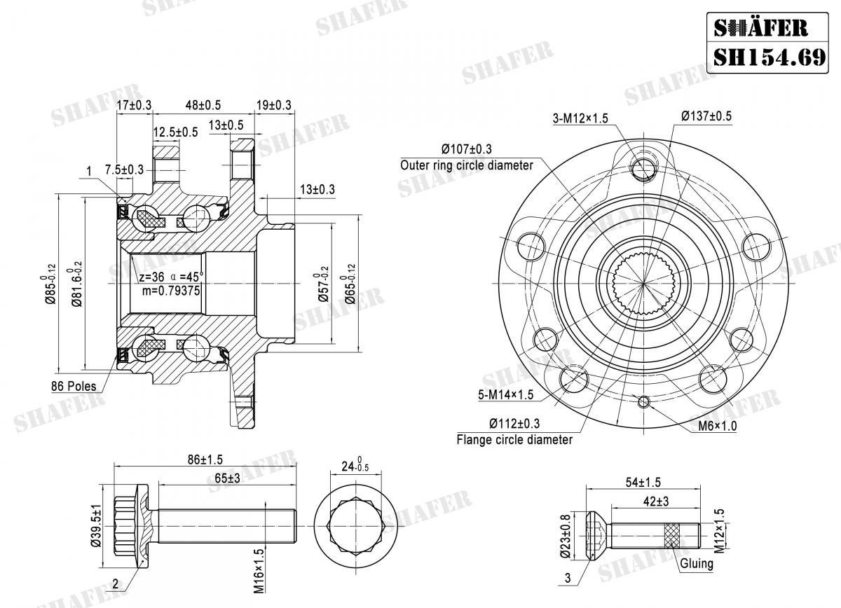 SHAFER - SH154.69K - Підшипник ступиці перед. +монтажний к-кт Audi A3 12-// Skoda Octavia 12-// VW Golf VI 11-, Golf VII 13-