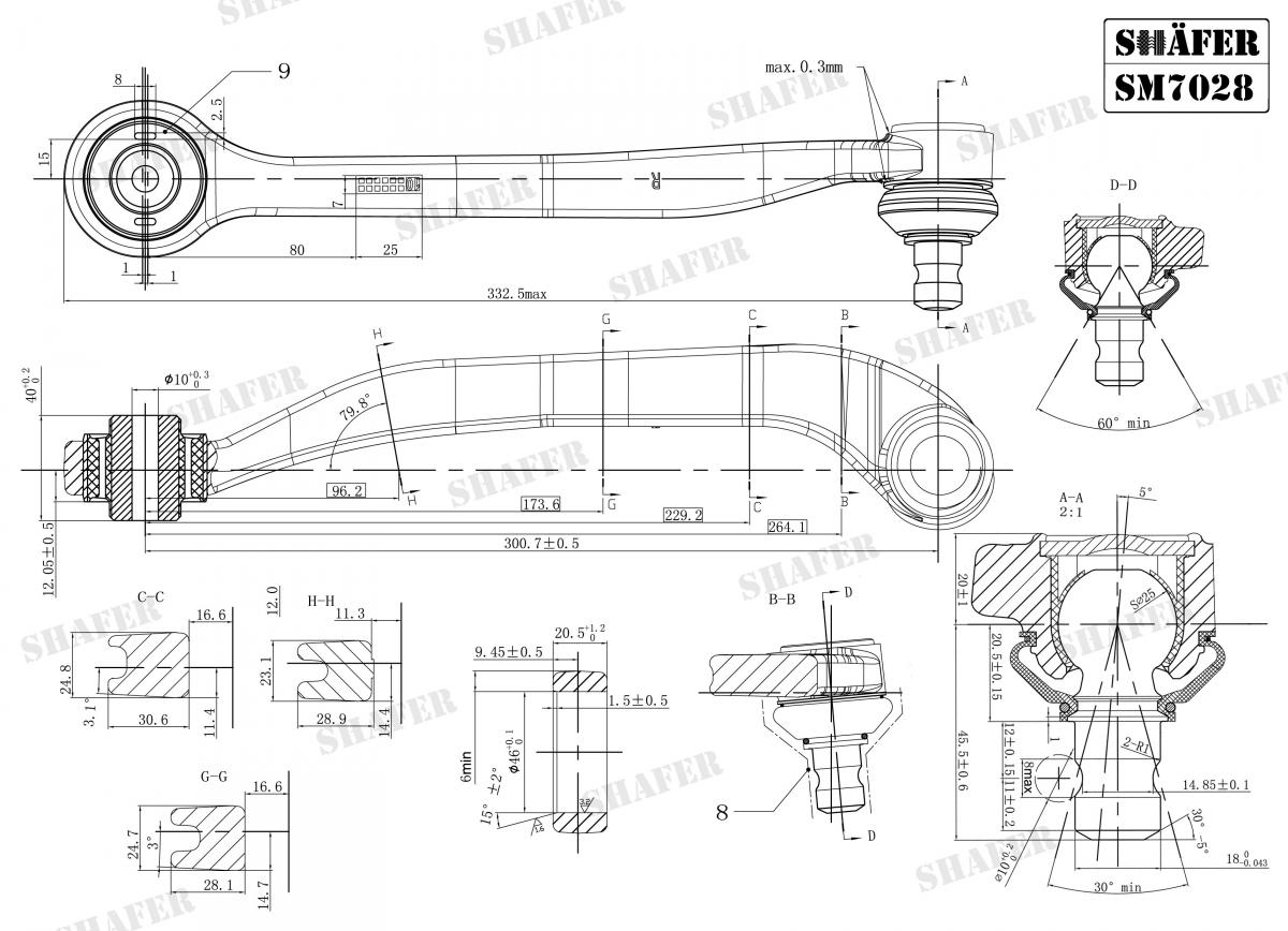 SHAFER - SM7028 - Важіль верх.правий прямий Audi A6 5/04-, A8 10/02-; VW Phaeto